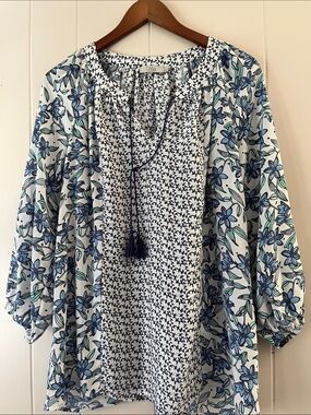 Dalia White and Blue Floral Tunic with Tassel Tie